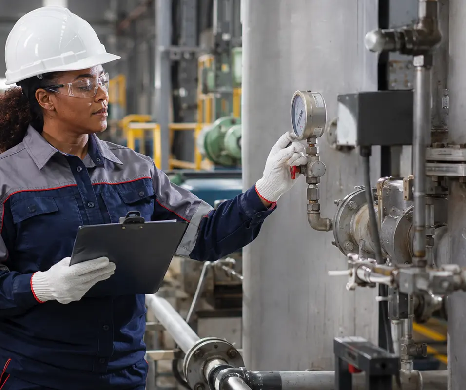 Técnica inspecionando válvulas e equipamentos industriais
